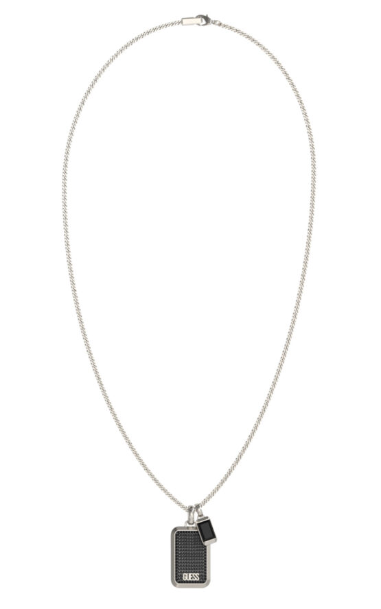 GUESS STEEL BARRIO JUMN06065JWSTBKT/U Κολιέ Ασημένιο Με Μαύρη Ταυτότητα Με Πέτρες