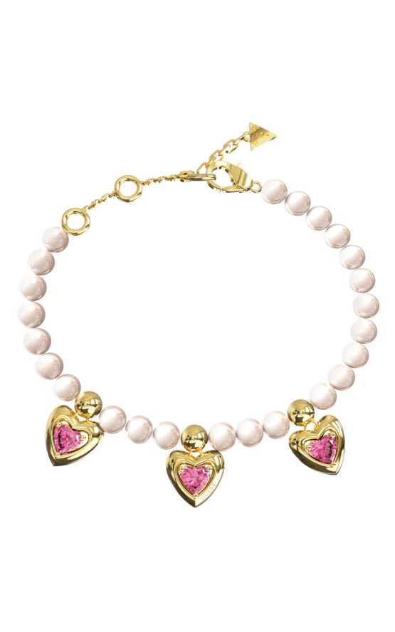 GUESS STEEL BELOVED JUBB06001JWYGPKL Βραχιόλι Με Πέρλες Και Κρεμαστές Καρδιές Με Ροζ Πέτρες