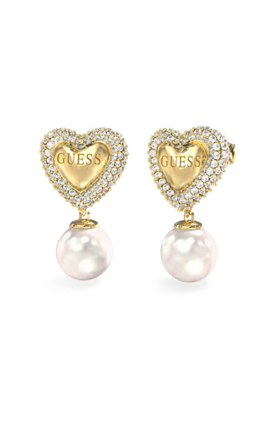 GUESS STEEL BELOVED JUBE06006JWYGT/U Σκουλαρίκια Χρυσά Με Καρδιές Με Κρεμαστές Πέρλες
