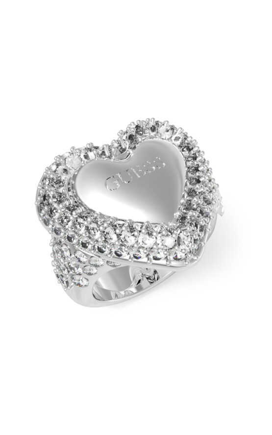 GUESS STEEL BELOVED JUBR05019JWRH58 Δαχτυλίδι Ασημένιο Με Καρδιά Με Πέτρες Και Λογότυπο