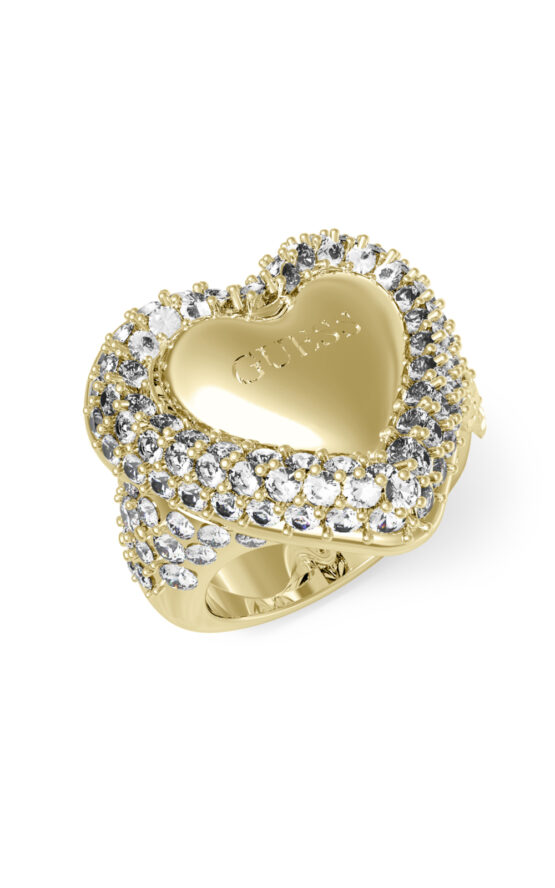 GUESS STEEL BELOVED JUBR05019JWYG52 Δαχτυλίδι Χρυσό Με Καρδιά Με Πέτρες Και Λογότυπο