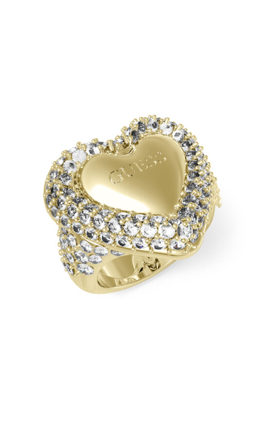 GUESS STEEL BELOVED JUBR05019JWYG54 Δαχτυλίδι Χρυσό Με Καρδιά Με Πέτρες Και Λογότυπο