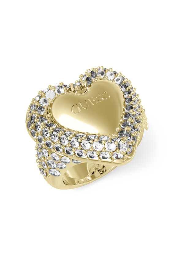 GUESS STEEL BELOVED JUBR05019JWYG56 Δαχτυλίδι Χρυσό Με Καρδιά Με Πέτρες Και Λογότυπο