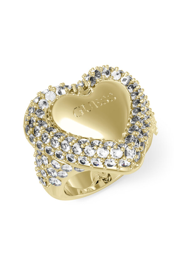 GUESS STEEL BELOVED JUBR05019JWYG58 Δαχτυλίδι Χρυσό Με Καρδιά Με Πέτρες Και Λογότυπο