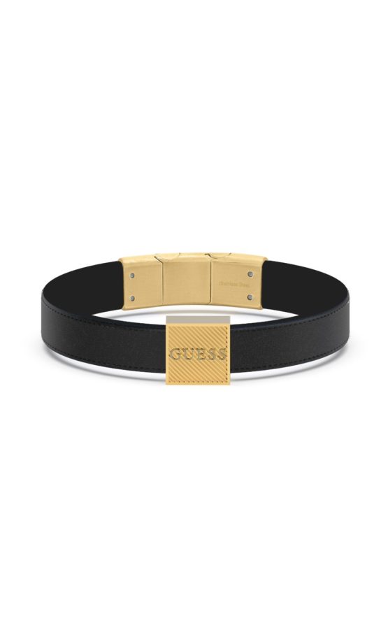 GUESS STEEL BOND STREET JUMB03031JWYGBKT-U Μαύρο Δερμάτινο Βραχιόλι Με Χρυσό Λογότυπο