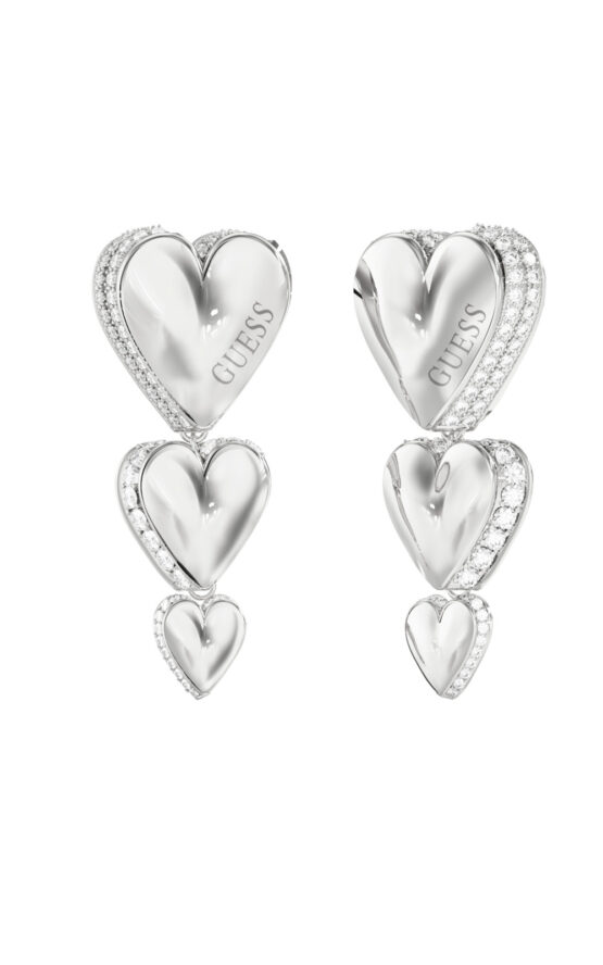 GUESS STEEL BY YOUR SIDE JUBE06072JWRHT/U Σκουλαρίκια Ασημένια Με Τρεις Καρδιές Με Πέτρες