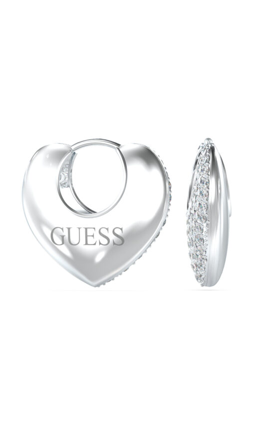 GUESS STEEL CRAZY IN LOVE JUBE05207JWYGT/U Σκουλαρίκια Ασημένιες Καρδιές Με Πέτρες Και Λογότυπο