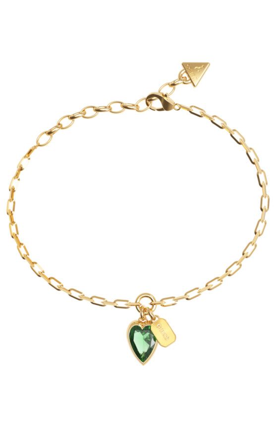 GUESS STEEL CRYSTAL LOVE JUBB06360JWYGGNL Βραχιόλι Χρυσό Με Κρεμαστή Πράσινη Καρδιά