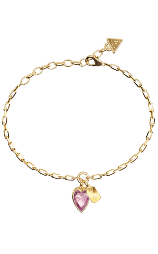GUESS STEEL CRYSTAL LOVE JUBB06360JWYGPKL Βραχιόλι Χρυσό Με Μωβ Κρεμαστή Καρδιά