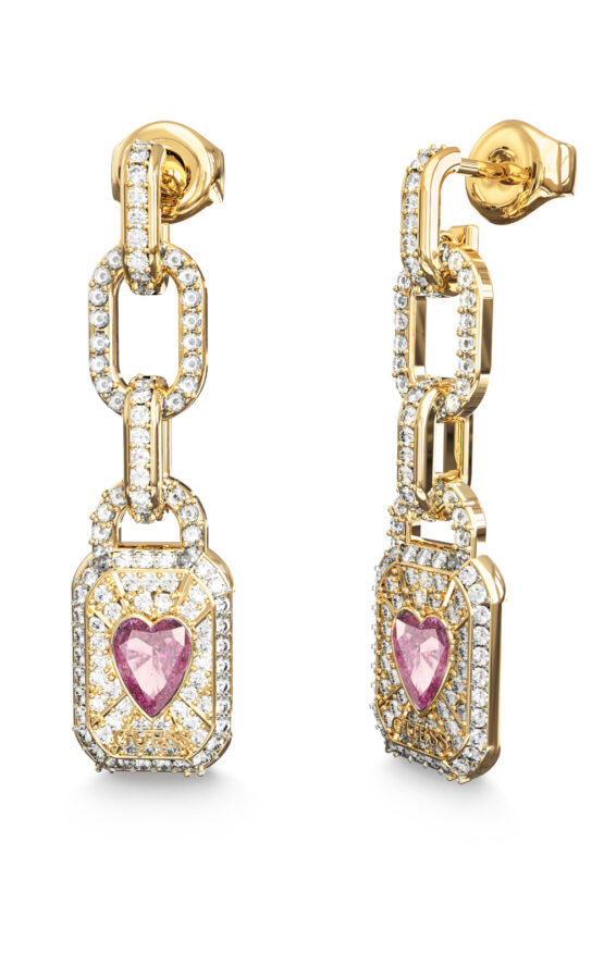 GUESS STEEL CRYSTAL LOVE JUBE06349JWYGPKT/U Σκουλαρίκια Χρυσά Με Πέτρες Και Με Ροζ Καρδιά