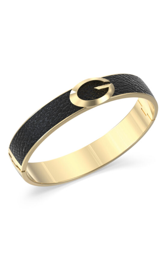 GUESS STEEL G CAMDEN JUBB06345JWYGBKL Χειροπέδα Χρυσή Με Μαύρο Δέρμα Με Λογότυπο