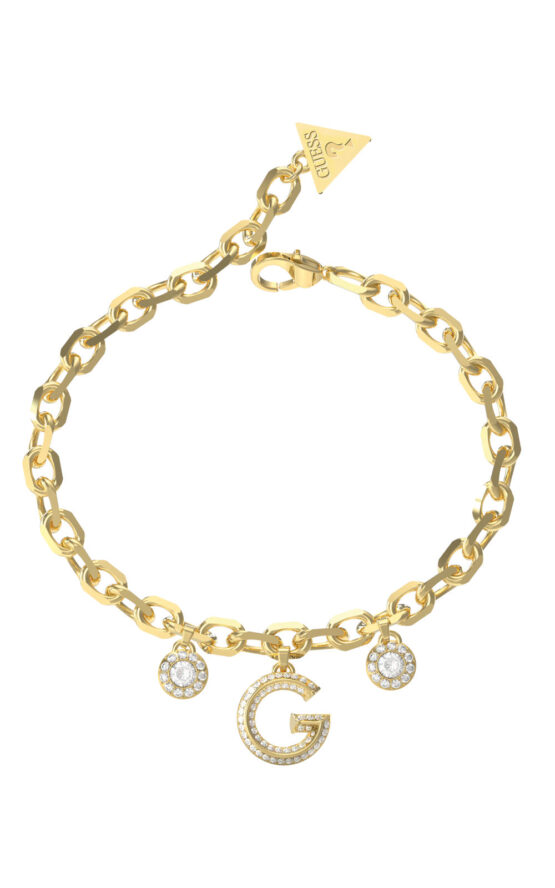GUESS STEEL G CRYSTAL JUBB05445JWYGL Βραχιόλι Χρυσό Με Τρία Κρεμαστά Με Λογότυπο