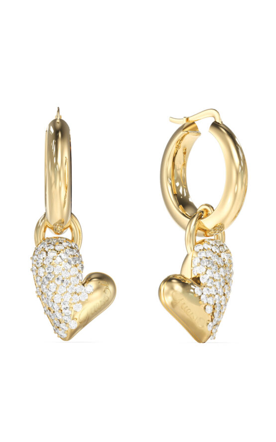GUESS STEEL GOLDEN LOVE JUBE06450JWYGT/U Κρίκοι Χρυσοί Με Κρεμαστές Καρδιές Με Πέτρες