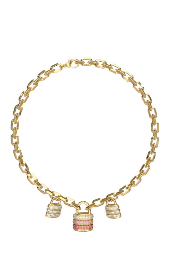 GUESS STEEL GUESS MY SECRET JUBN05403JWYGPKT/U Κολιέ Χρυσό Με Κρεμαστά Λουκετάκια Με Ροζ Και Άσπρες Πέτρες