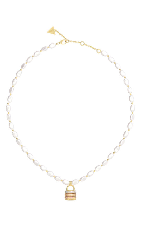 GUESS STEEL GUESS MY SECRET JUBN05405JWYGPKT/U Κολιέ Χρυσό Με Άσπρες Πέρλες Και Κρεμαστό Λουκετάκι Με Άσπρες Και Ροζ Πέτρες