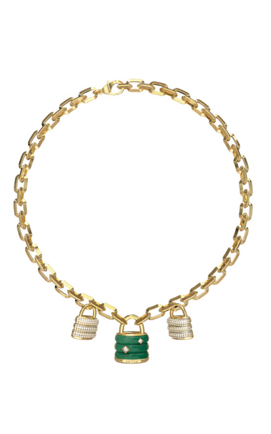 GUESS STEEL GUESS MY SECRET JUBN05409JWYGGNT/U Κολιέ Χρυσό Με Κρεμαστρά Λουκετάκια Πράσινο Και Χρυσά Με Πέτρες