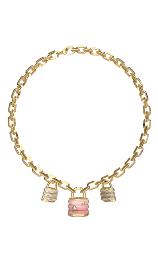 GUESS STEEL GUESS MY SECRET JUBN05409JWYGRST/U Κολιέ Χρυσό Με Κρεμαστρά Λουκετάκια Ροζ Και Χρυσά Με Πέτρες