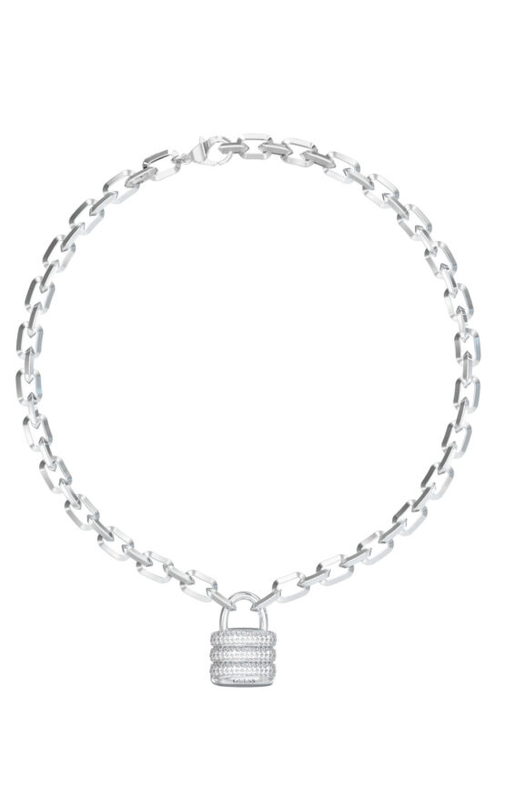GUESS STEEL GUESS MY SECRET JUBN05415JWRHT/U Κολιέ Ασημένιο Με Λουκέτο Με Πέτρες