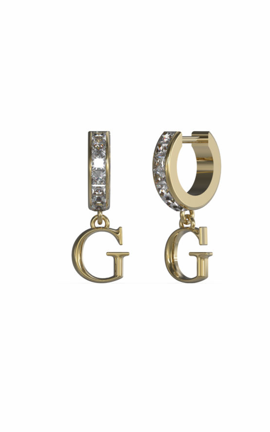 GUESS STEEL HUGGIE ME JUBE03148JWYGTU Χρυσοί Κρίκοι Με Κρεμαστό Λογότυπο