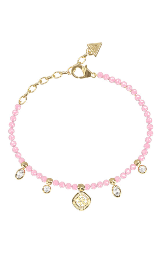 GUESS STEEL JAIPUR SPLENDOR JUBB06145JWYGRSL Βραχιόλι Με Ροζ Χάντρες Και Κρεμαστά Χρυσά Με Πέτρες