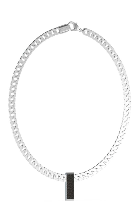 GUESS STEEL KING'S ROAD JUMN03223JWSTBKT-U Ασημένιο Κολιέ Με Μαύρη Ταυτότητα