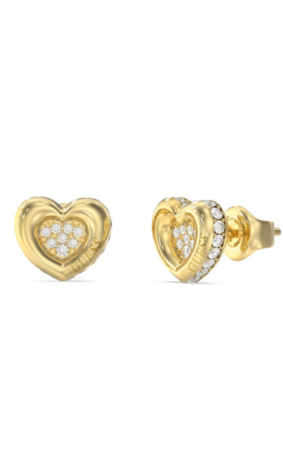 GUESS STEEL L.O.V.E. JUBE05466JWYGT/U Σκουλαρίκια Χρυσά Καρδιές Με Πέτρες