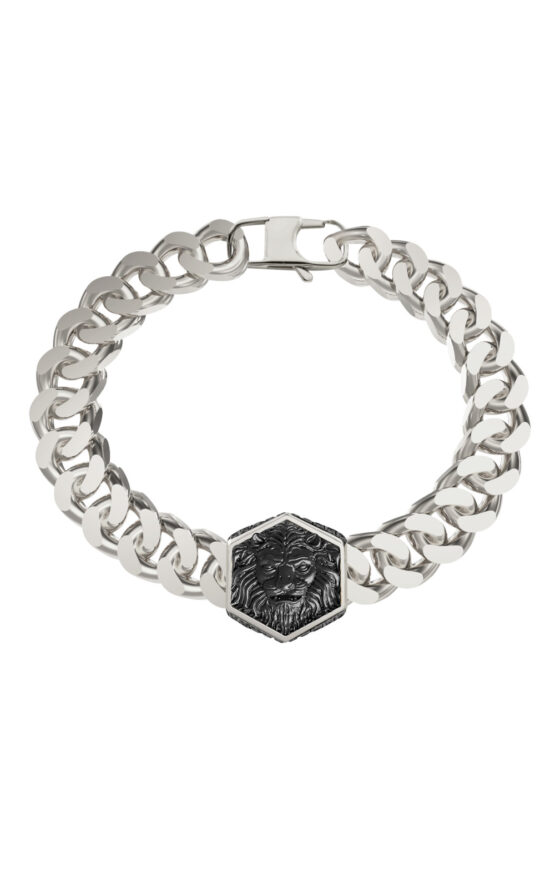 GUESS STEEL LION KING JUMB06001JWSTL Βραχιόλι Ασημένιο Με Μαύρο Λιοντάρι