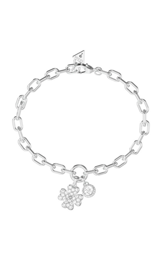 GUESS STEEL LOVE BITES JUBB06044JWRHL Βραχιόλι Ασημένιο Με Τετράφυλλο Με Πέτρες Και Λογότυπο