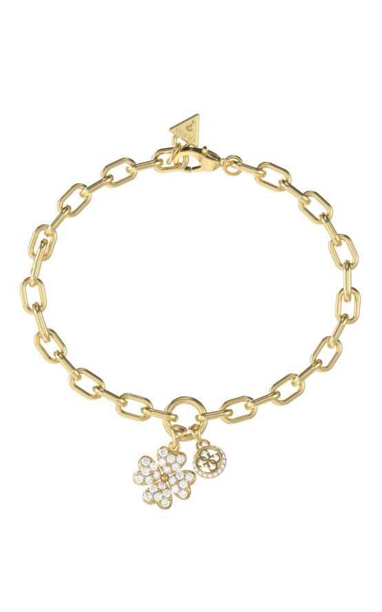 GUESS STEEL LOVE BITES JUBB06044JWYGL Βραχιόλι Χρυσό Με Κρεμαστό Τετράφυλλο Με Πέτρες Και Λογότυπο