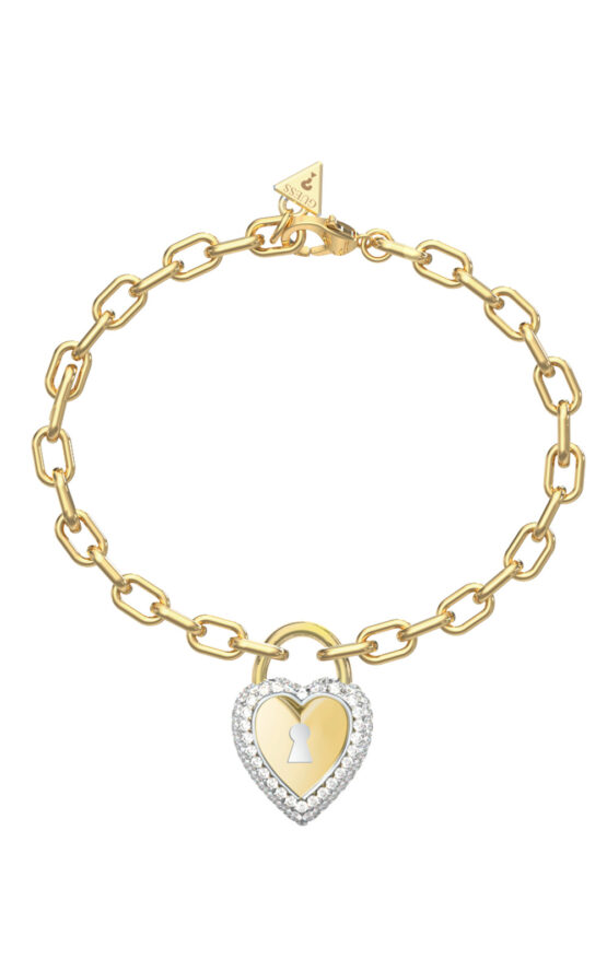 GUESS STEEL LOVE BITES JUBB06061JWYGRHL Βραχιόλι Χρυσό Με Δίχρωμη Καρδιά Λουκετάκι