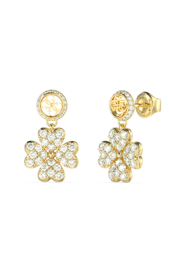 GUESS STEEL LOVE BITES JUBE06045JWYGT/U Σκουλαρίκια Χρυσά Με Κρεμαστό Τετράφυλλο Με Πέτρες