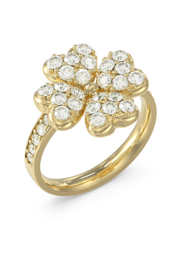 GUESS STEEL LOVE BITES JUBR06046JWYG56 Δαχτυλίδι Χρυσό Με Τυχερό Τετράφυλλο Με Πέτρες