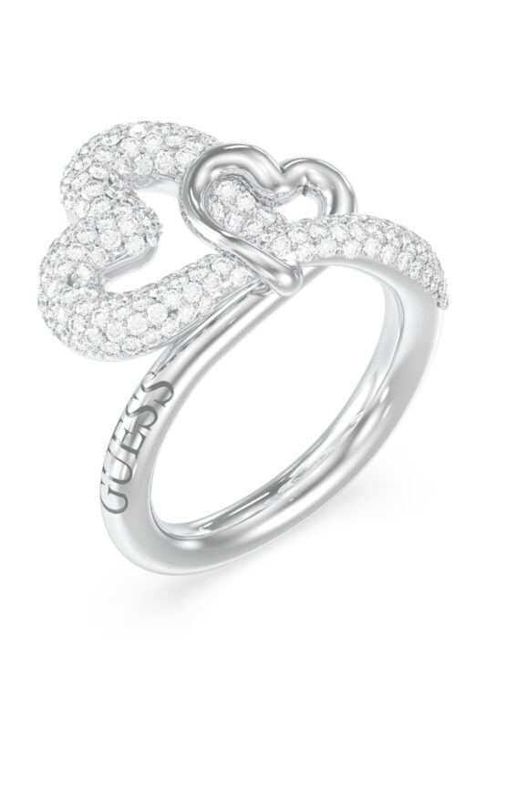 GUESS STEEL LOVE BITES JUBR06055JWRH54 Δαχτυλίδι Ασημένιο Με Καρδιές Με Πέτρες