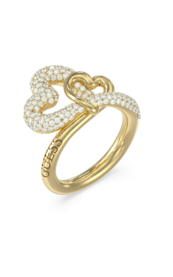 GUESS STEEL LOVE BITES JUBR06055JWYG56 Δαχτυλίδι Χρυσό Με Καρδιές Με Πέτρες