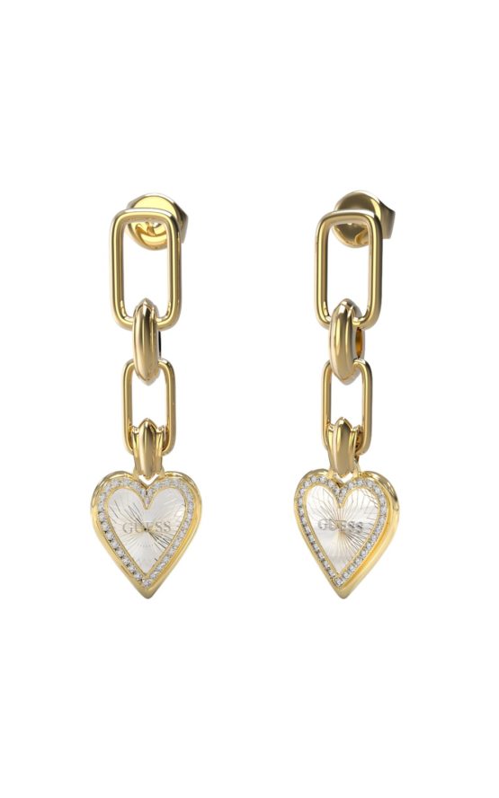GUESS STEEL LOVE ME TENDER JUBE03236JWYGRHT-U Σκουλαρίκια Χρυσά Με Άσπρες Καρδιές