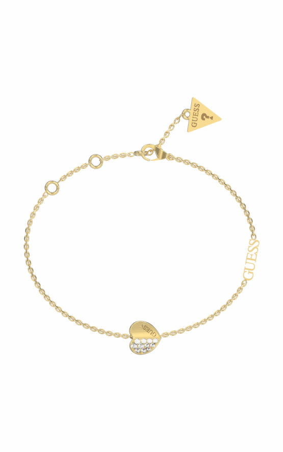 GUESS STEEL LOVELY GUESS JUBB03036JWYGL Χρυσό Βραχιόλι Με Καρδιά με Πέτρες & Λογότυπο