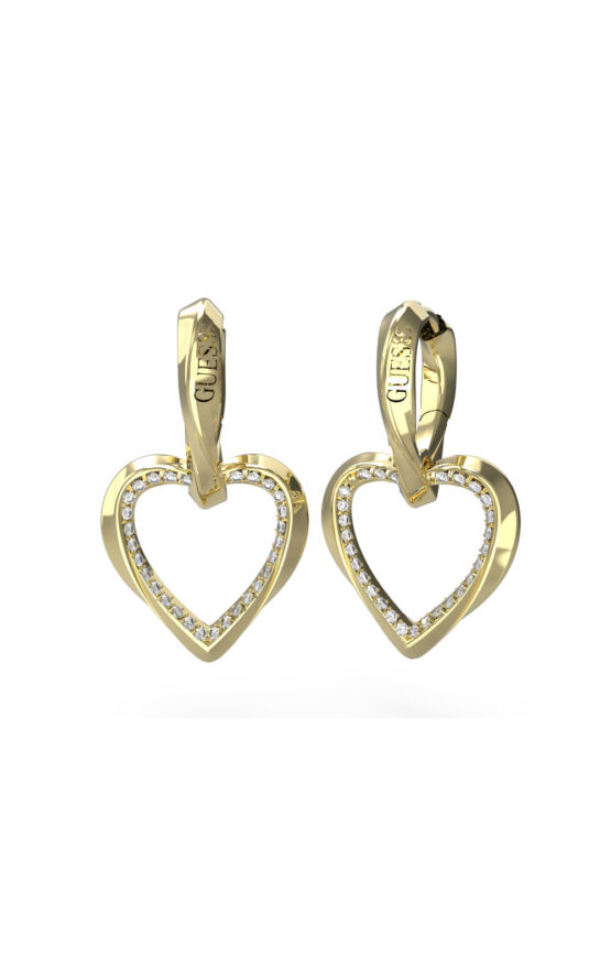GUESS STEEL MON AMOUR JUBE04617JWYGT/U Χρυσοί Κρίκοι Με Κρεμαστές Καρδιές Με Πέτρες Και Λογότυπο