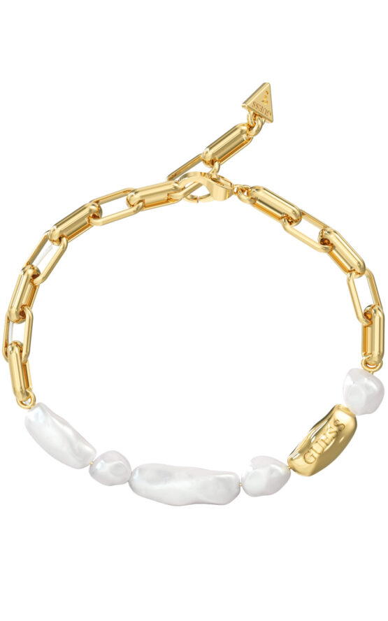 GUESS STEEL PEARLY JUBB06484JWYGL Βραχιόλι Χρυσό Με Άσπρες Πέρλες Και Λογότυπο