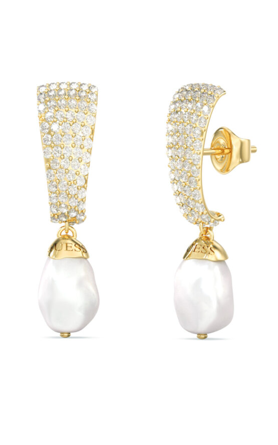 GUESS STEEL PEARLY JUBE06479JWYGT/U Σκουλαρίκια Χρυσά Με Πέτρες Και Άσπρες Πέρλες