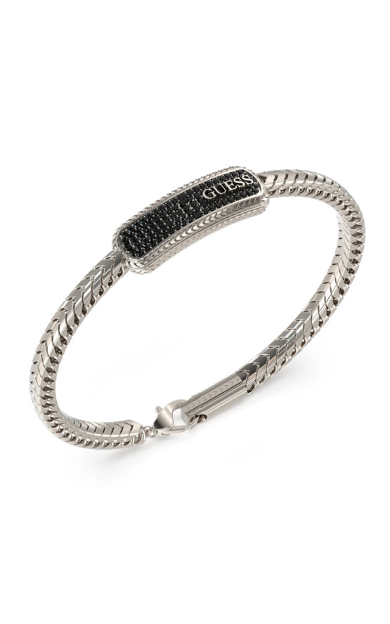GUESS STEEL SAILOR KNOT JUMB05018JWSTBKL Βραχιόλι Ασημένιο Με Μαύρη Ταυτότητα Με Πέτρες Και Λογότυπο
