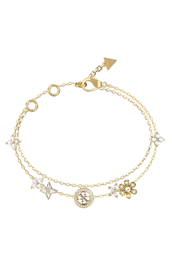 GUESS STEEL SECRET GARDEN JUBB06029JWYGL Βραχιόλι Χρυσό Με Διπλή Αλυσίδα Με Λουλούδια Και Λογότυπο