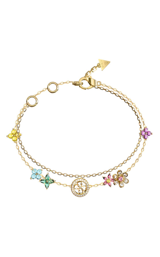 GUESS STEEL SECRET GARDEN JUBB06029JWYGL Βραχιόλι Χρυσό Με Διπλή Αλυσίδα Με Πολύχρωμα Λουλούδια Και Λογότυπο
