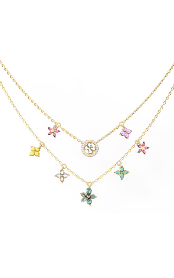 GUESS STEEL SECRET GARDEN JUBN06028JWYGMCT/U Κολιέ Χρυσό Με Διπλή Αλυσίδα Με Πολύχρωμα Λουλούδια Και Λογότυπο