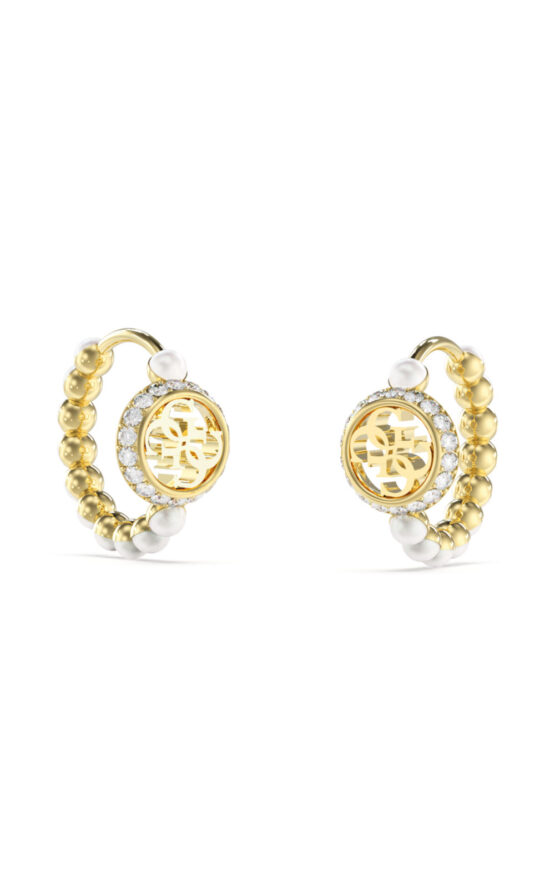 GUESS STEEL TINY PEARLY JUBE05518JWYGT/U Κρίκοι Χρυσοί Με Πέρλες Και Λογότυπο