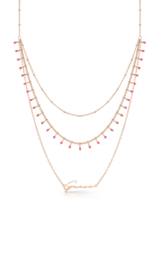 GUESS STEEL UBN70098 Ροζ Χρυσό Κολιέ Με Τριπλή Αλυσίδα & Κοραλί Πέτρες