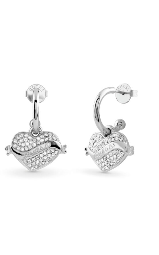 GUESS STEEL VINTAGE GUESS JUBE05477JWRHT/U Σκουλαρίκια Ασημένια Με Καρδιές Με Πέτρες Και Λογότυπο