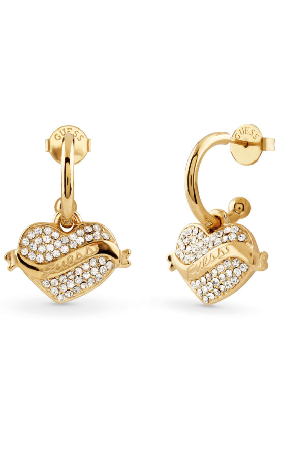 GUESS STEEL VINTAGE GUESS JUBE05477JWRHT/U Σκουλαρίκια Χρυσά Με Καρδιές Με Πέτρες Και Λογότυπο