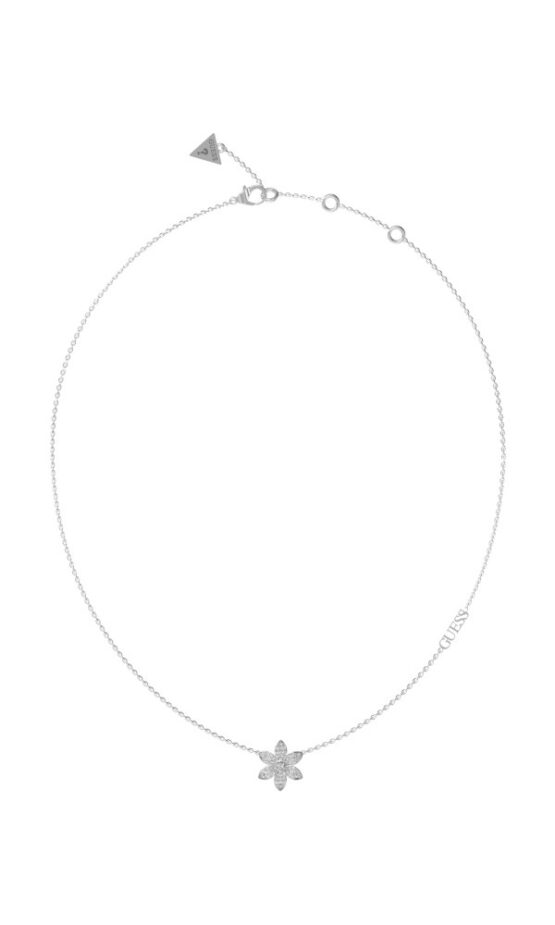 GUESS STEEL WHITE LOTUS JUBN04146JWRHT/U Ασημένιο Κολιέ Με Λουλούδι Με Πέτρες Και Λογότυπο