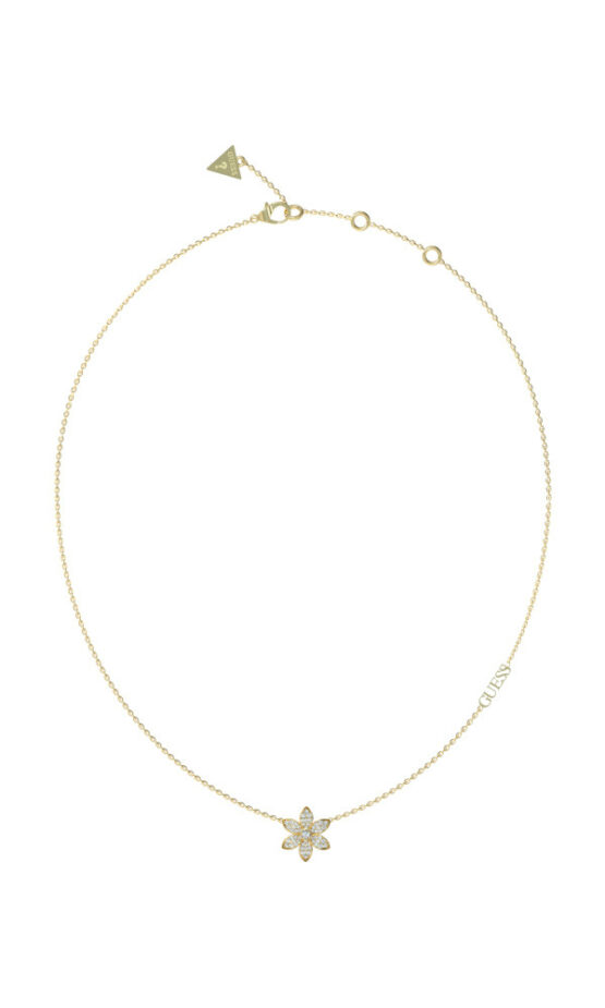 GUESS STEEL WHITE LOTUS JUBN04146JWYGT/U Χρυσό Κολιέ Με Λουλούδι Με Πέτρες Και Λογότυπο